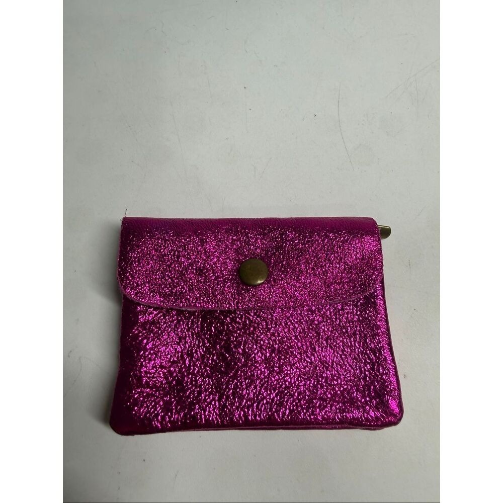 Genuine Leather Metallic Pink Wallet Zip Coin Pouch Compact Card Holder